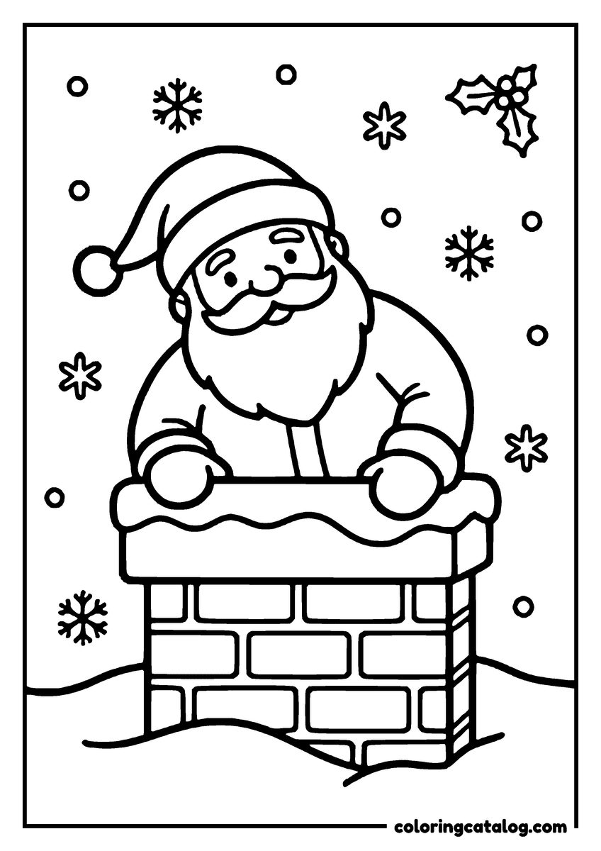Printable coloring page: Santa Claus is climbing a chimney, surrounded by snowflakes and holly leaves