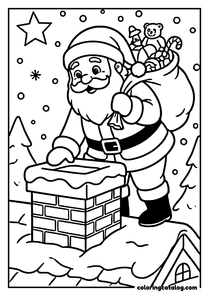 Printable coloring page: Santa Claus is climbing down a chimney, carrying a sack full of toys, with a star and snowflakes in the sky