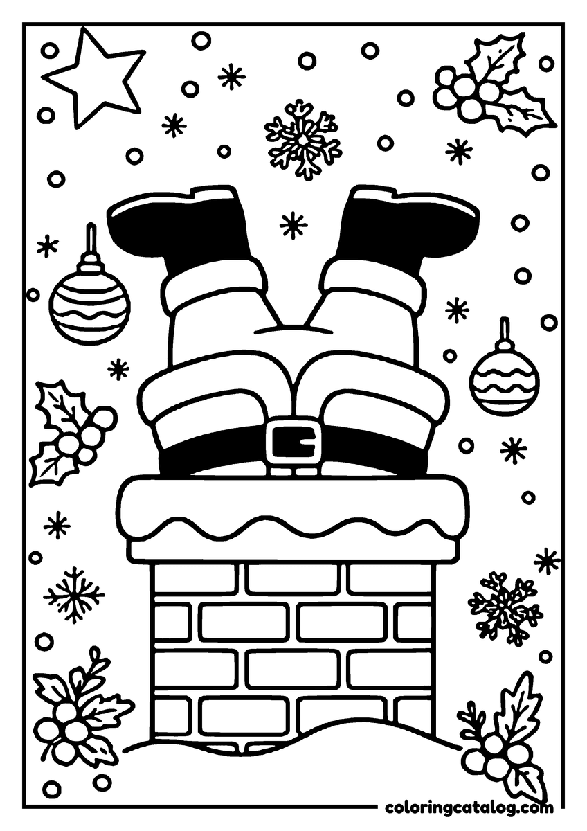 Printable coloring page: Santa Claus is climbing down a chimney, surrounded by Christmas decorations and snowflakes