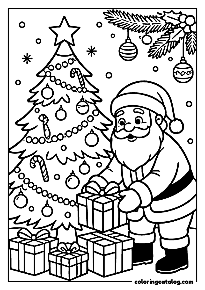 Coloring page: Santa Claus is delivering presents under a decorated Christmas tree