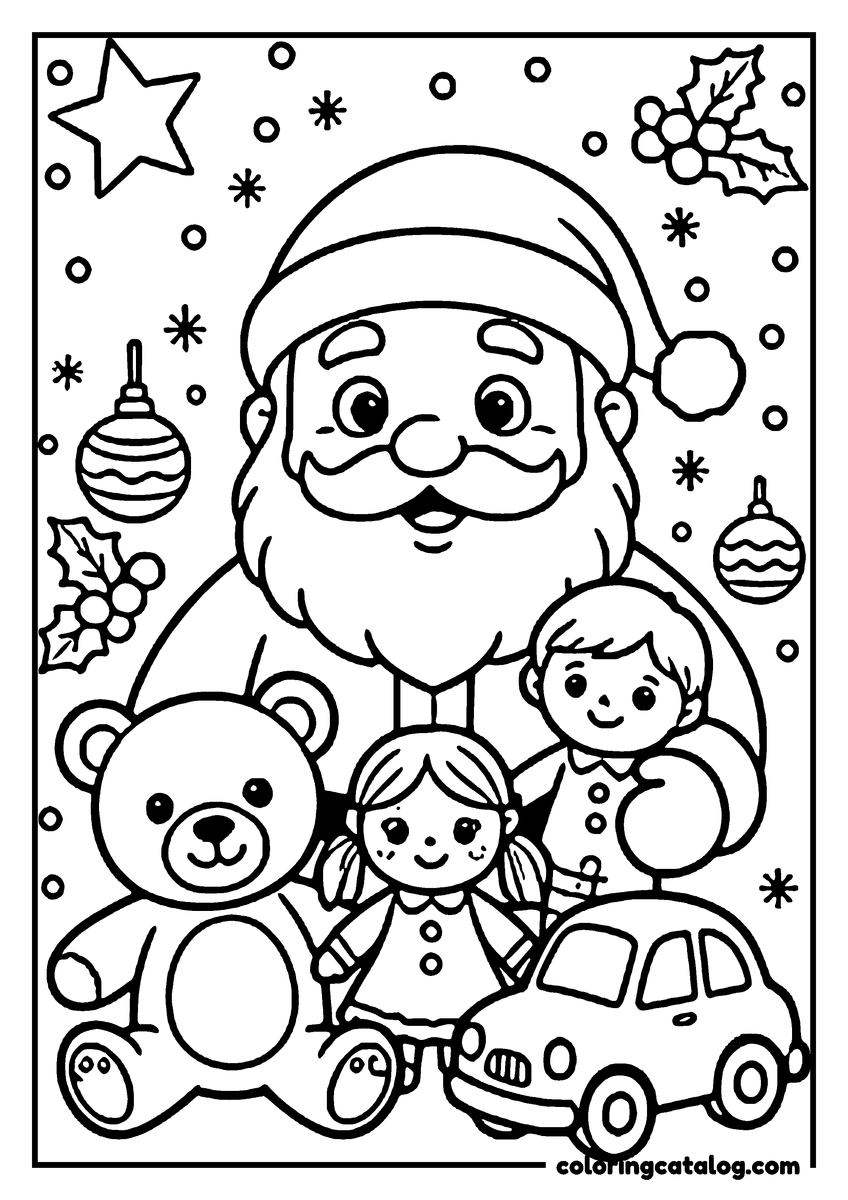 Coloring page: Santa Claus is holding a teddy bear, a car, and a child, surrounded by Christmas decorations