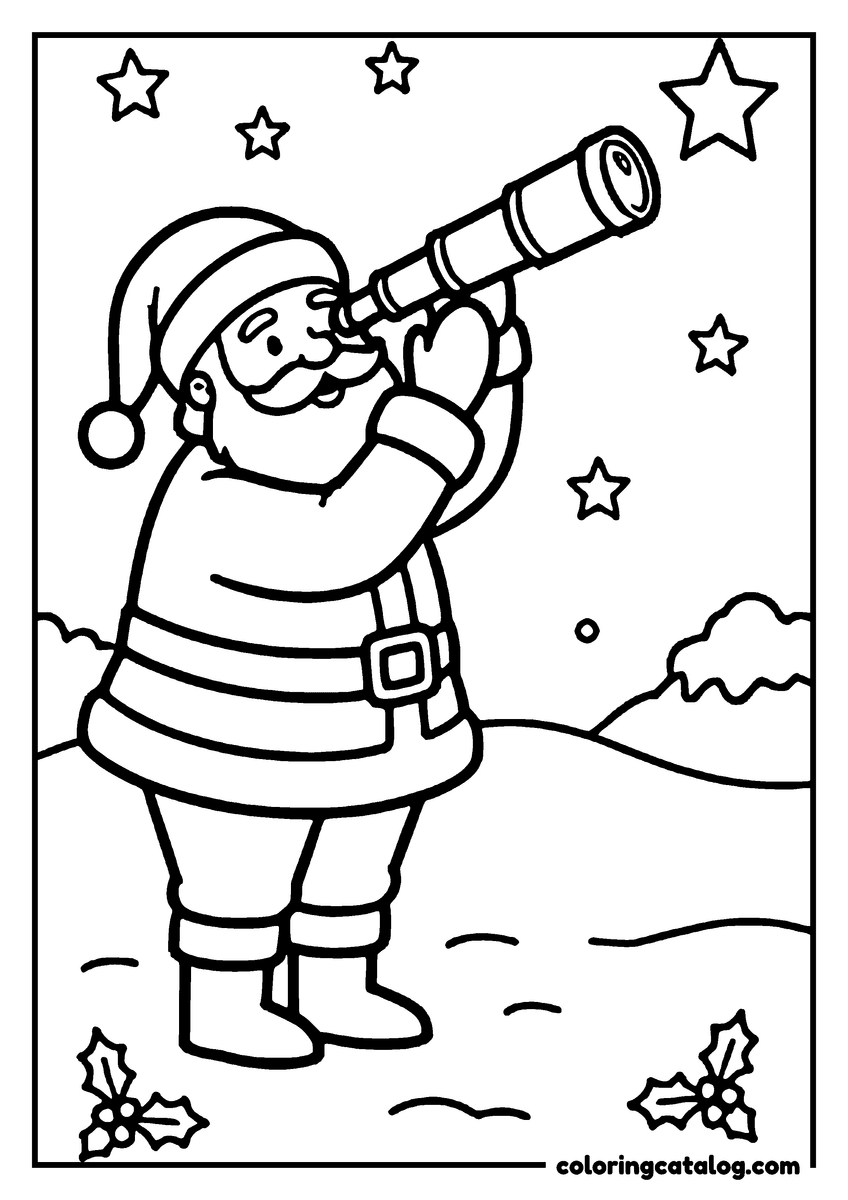 Free printable coloring sheet: Santa Claus is looking through a telescope at the stars in a snowy landscape