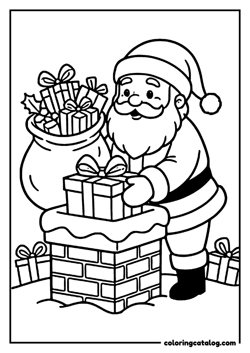Printable coloring page: Santa Claus is placing a gift on a chimney, surrounded by other presents