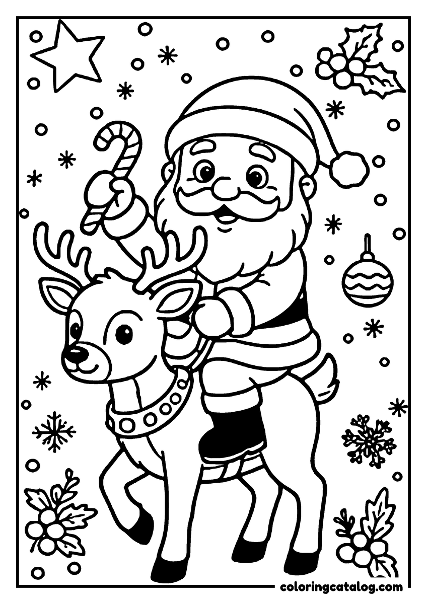 Santa coloring page of Santa Claus riding a reindeer and holding up a candy cane, holly and ornaments around