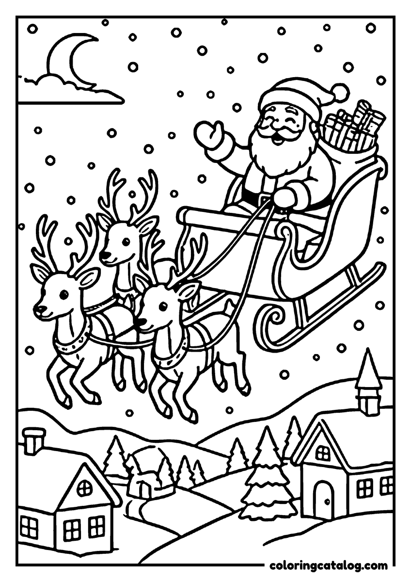 Printable coloring page: Santa Claus riding his sleigh with reindeer in a snowy village