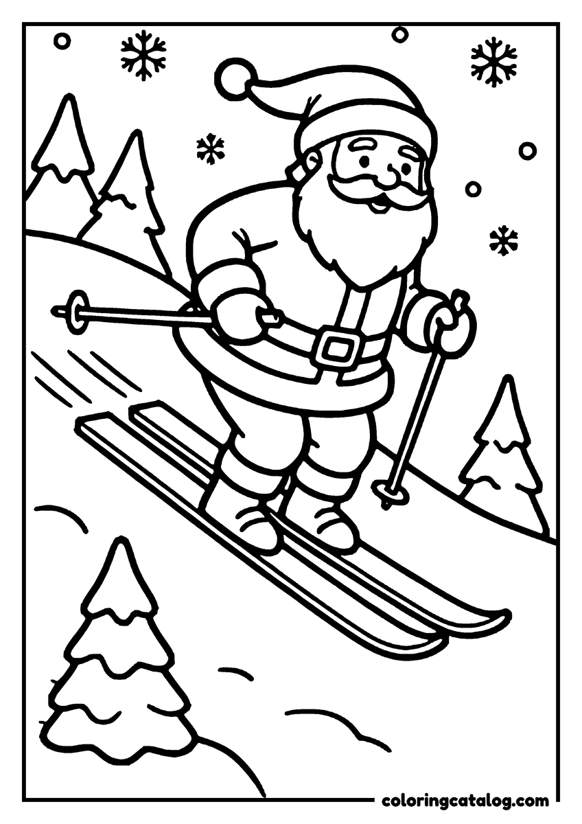 Coloring page: Santa Claus skiing down a snowy mountain, holding ski poles, with snowflakes and trees in the background