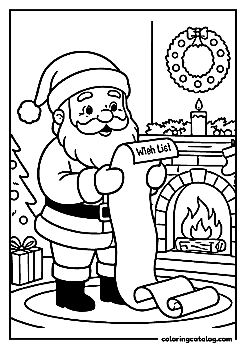 Coloring page: Santa Claus stands by a fireplace, holding a long wish list, with a wreath and candle in the background