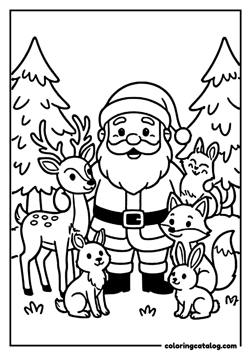 Coloring page: Santa Claus stands with a group of woodland animals, including a reindeer, a fox, a rabbit, and a chipmunk, in a snowy forest setting