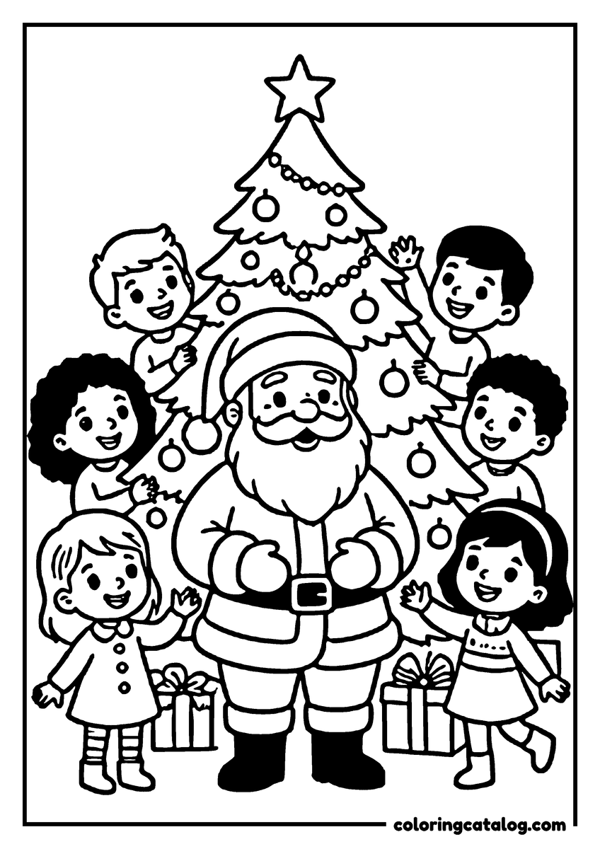 Coloring page: Santa Claus stands with children, decorating a Christmas tree, surrounded by presents and a star on top