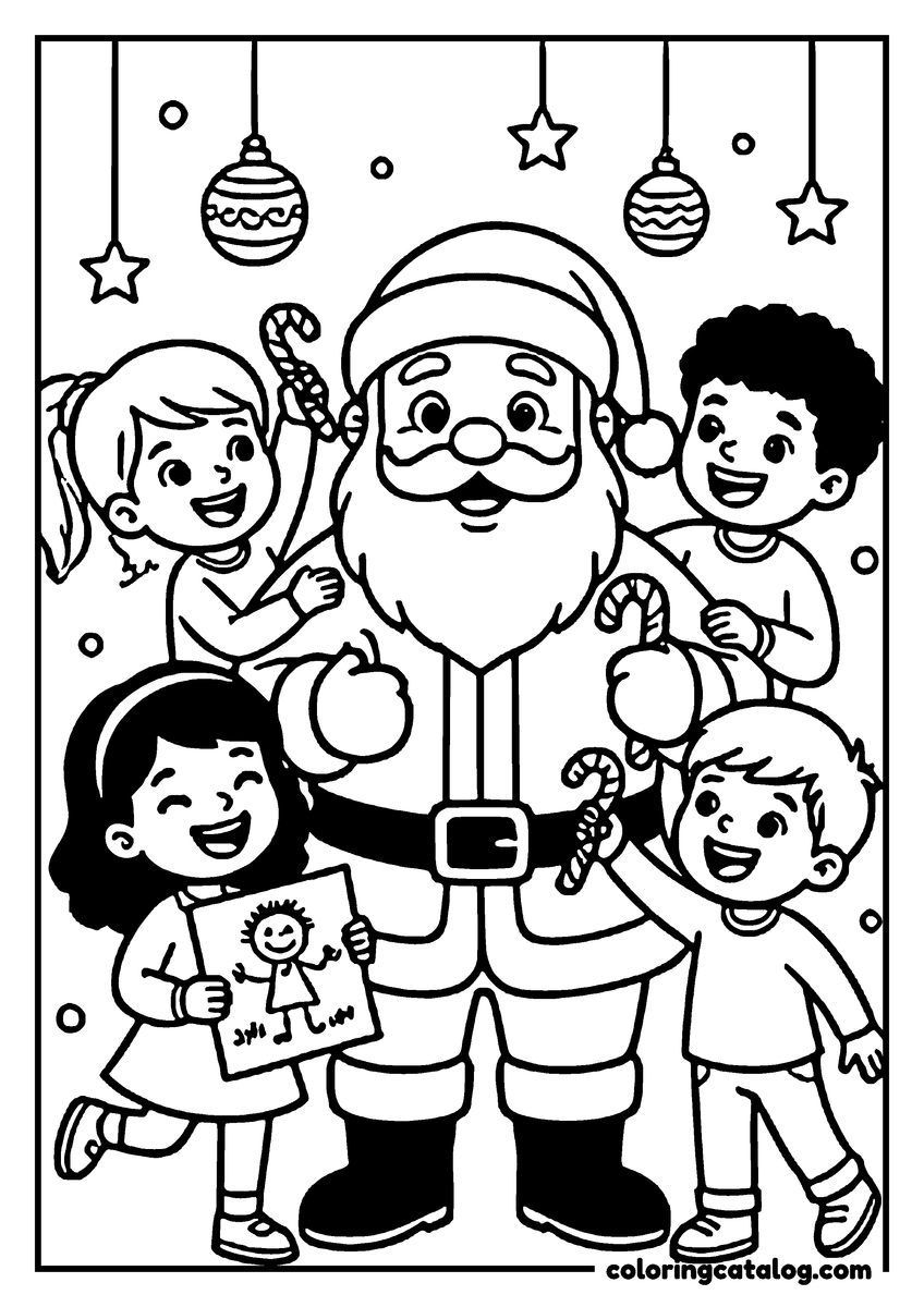 Free printable coloring sheet: Santa Claus stands with children, holding candy canes, and a girl holds a drawing of a child