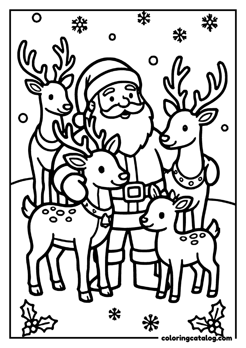 Coloring page: Santa Claus stands with his four reindeer, surrounded by snowflakes and holly leaves