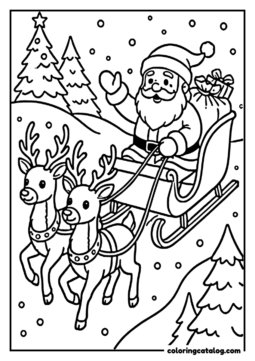 Santa coloring page of Santa Claus waving from his sleigh pulled by two reindeer past snowy pine trees