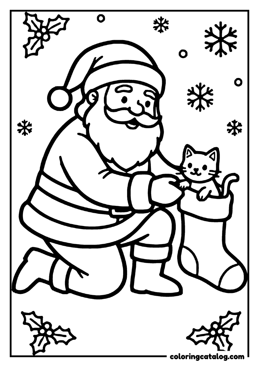 Santa coloring page of Santa Claus kneeling beside a Christmas stocking with a kitten peeking out, snowflakes and holly around