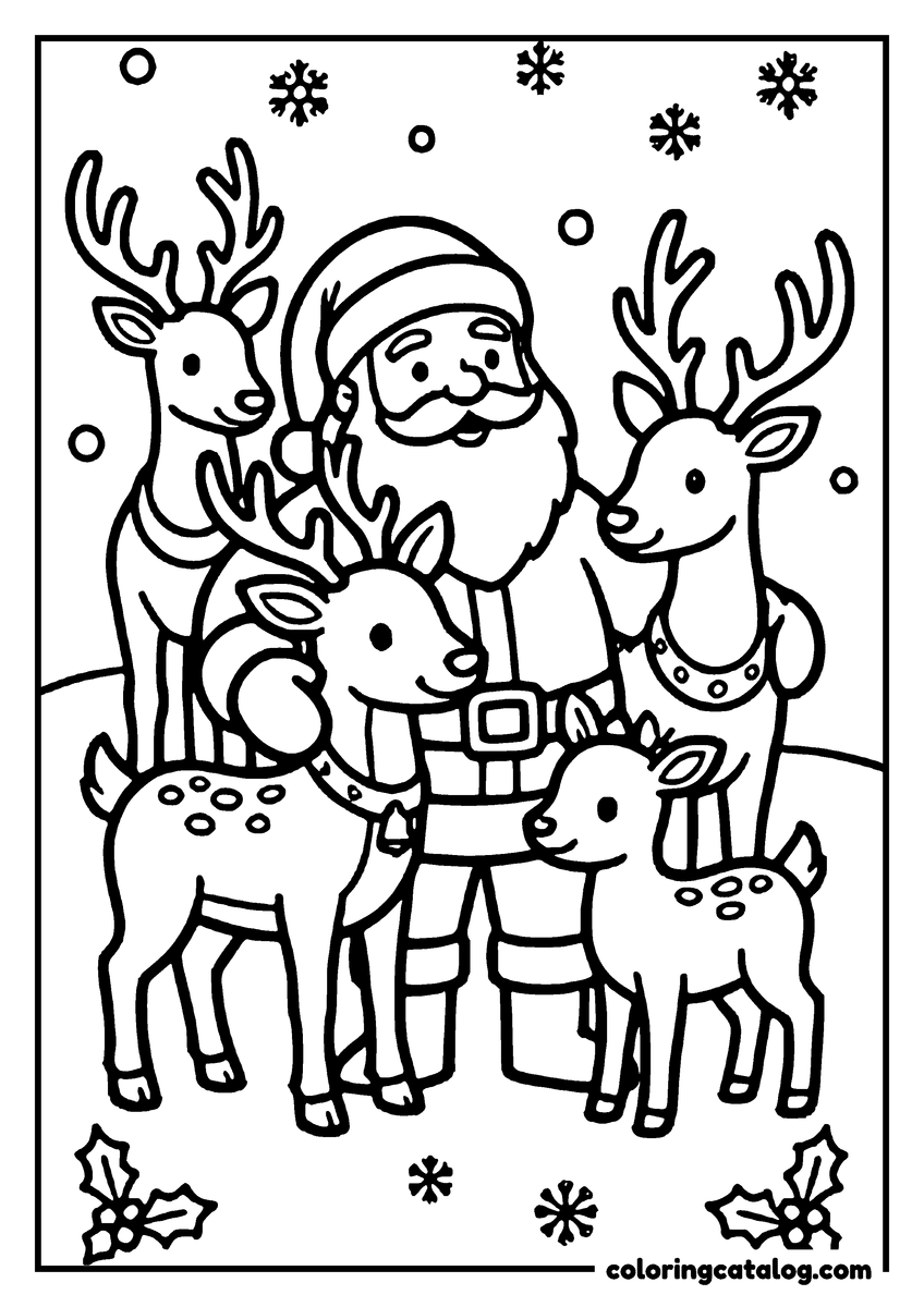 Santa coloring page of Santa Claus surrounded by his four reindeer, two of them spotted fawns, snowflakes and holly around