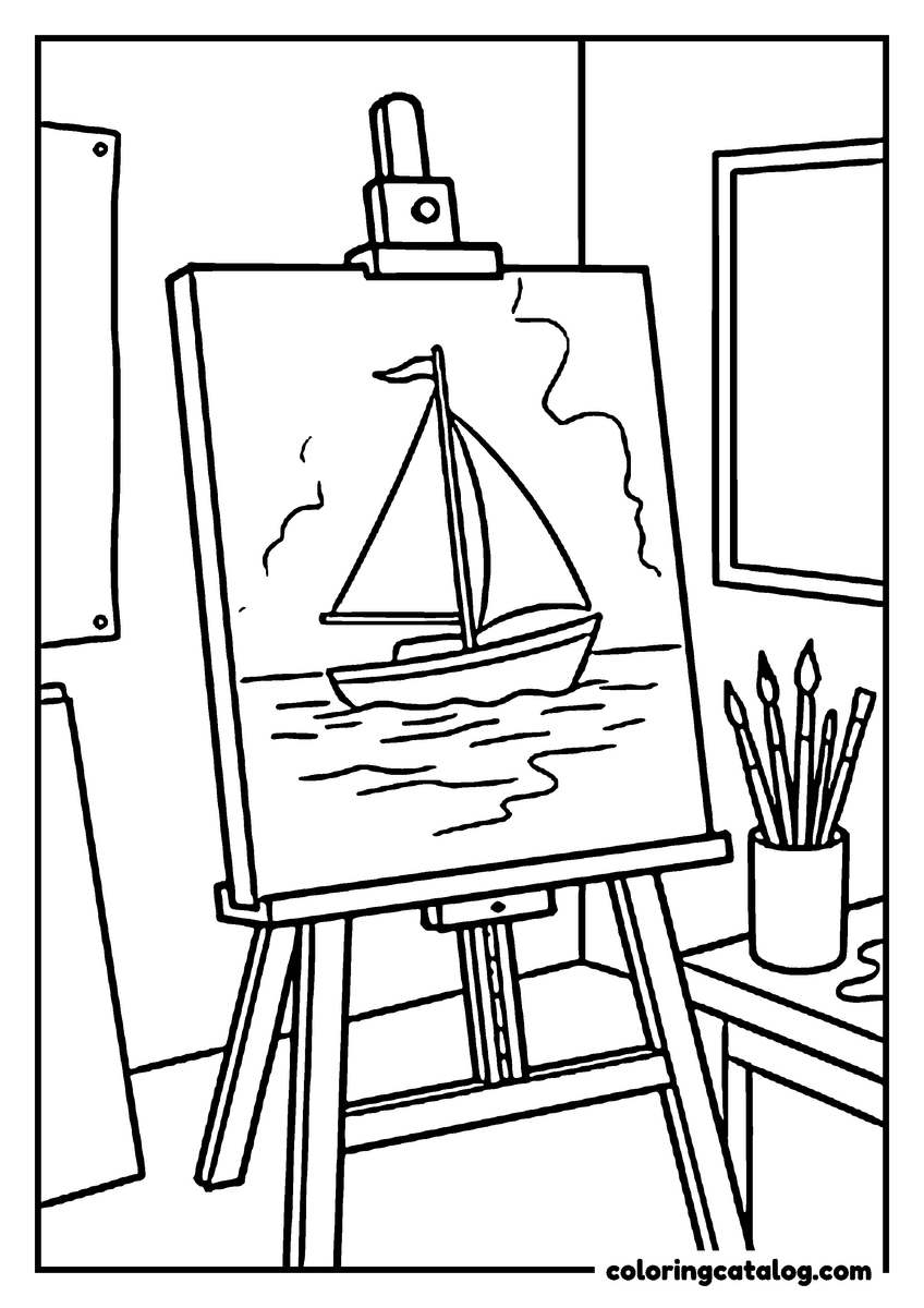 School coloring page: An easel in the art room holding a painting of a sailboat, a jar of brushes beside it