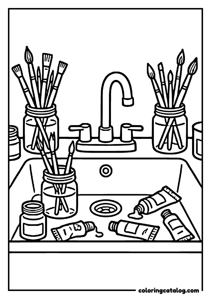 School coloring page: An art room sink with jars of paintbrushes and squeezed paint tubes
