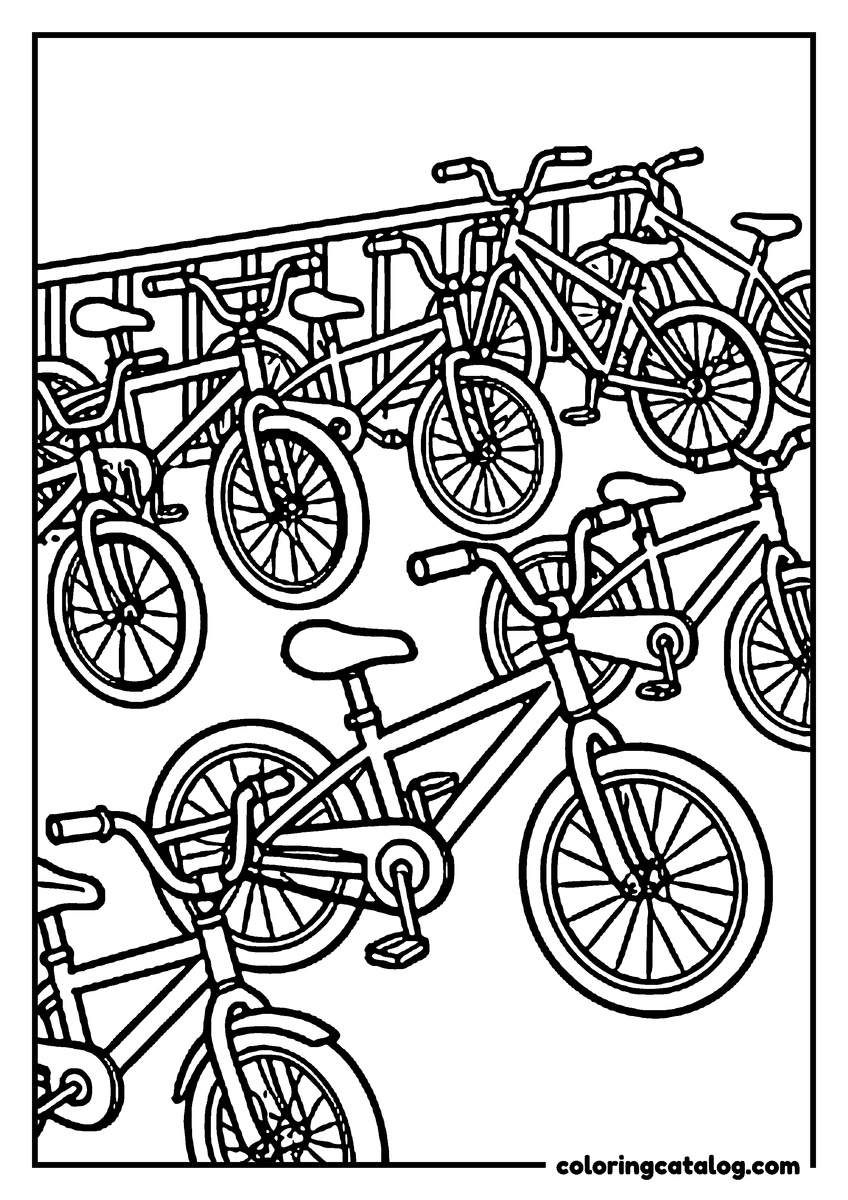 Coloring page: A school bike rack full of bicycles