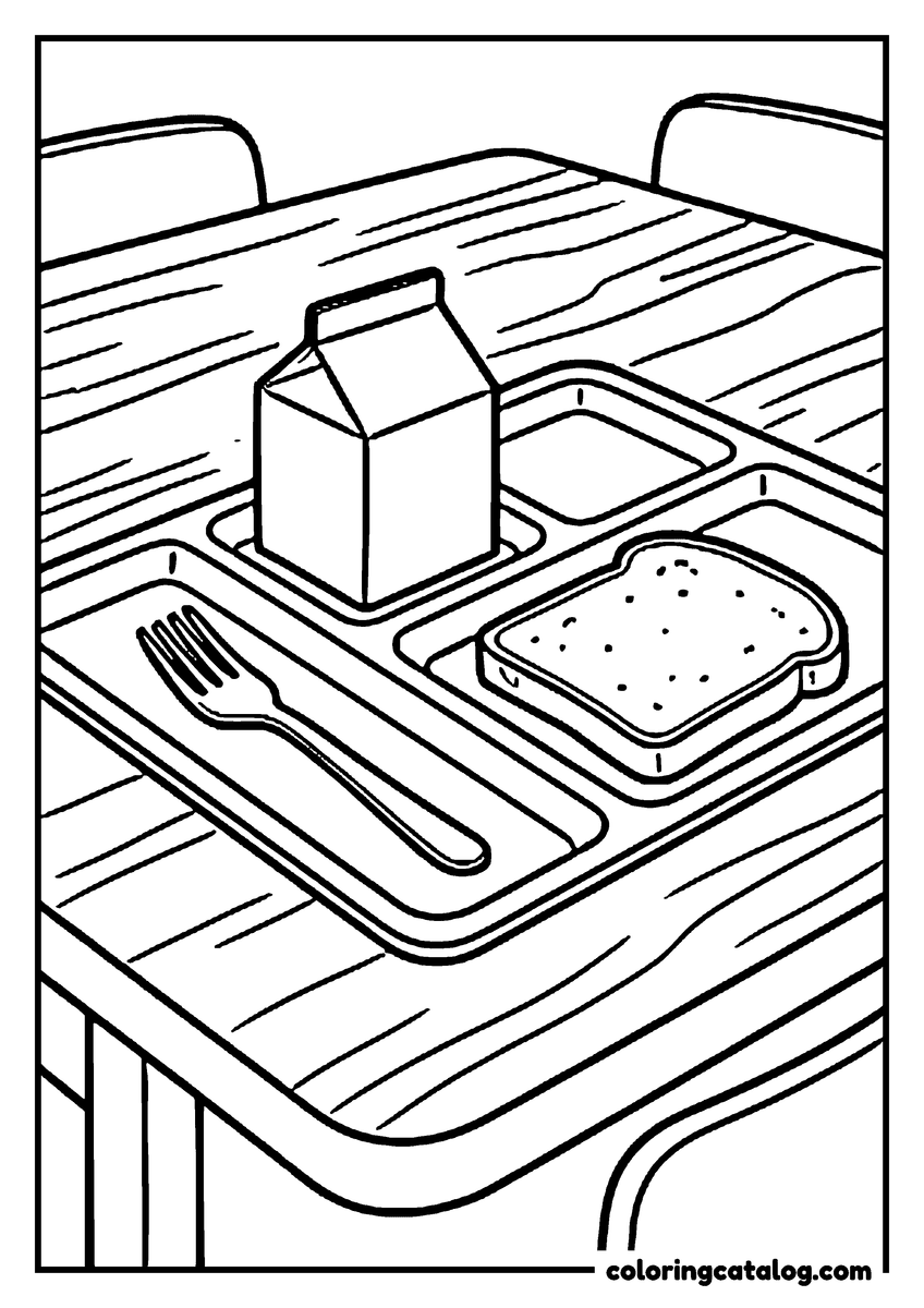 Printable School coloring page: A cafeteria tray with a milk carton, a sandwich and a fork on a long table