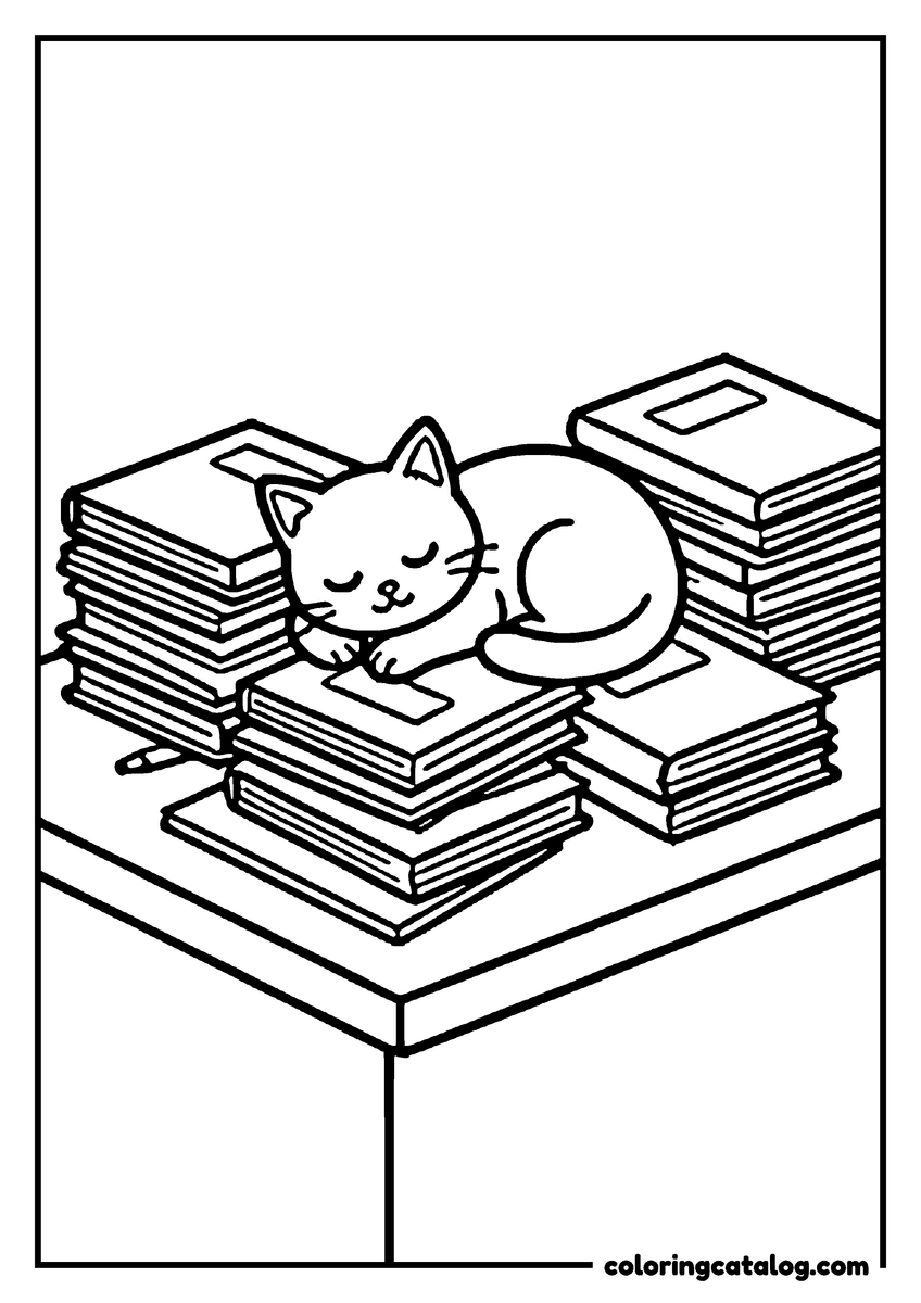 School coloring page: A cat curled up asleep on a pile of notebooks on the teacher's desk