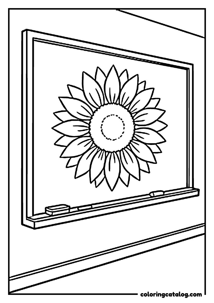 School coloring page: A classroom chalkboard with a big chalk drawing of a sunflower