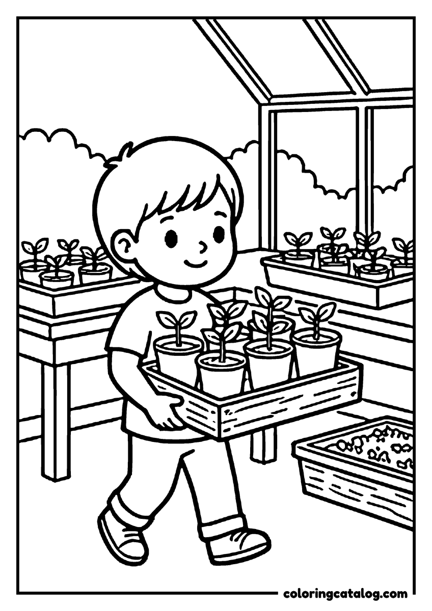 Free printable coloring sheet: A child carrying a tray of seedlings in the school greenhouse