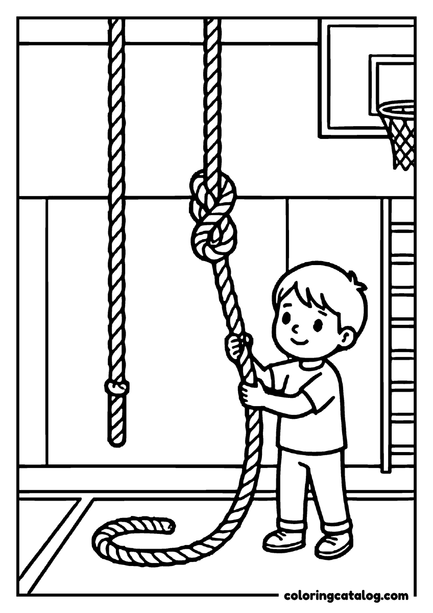 Coloring page: A child holding the climbing rope in the school gym under the basketball hoop