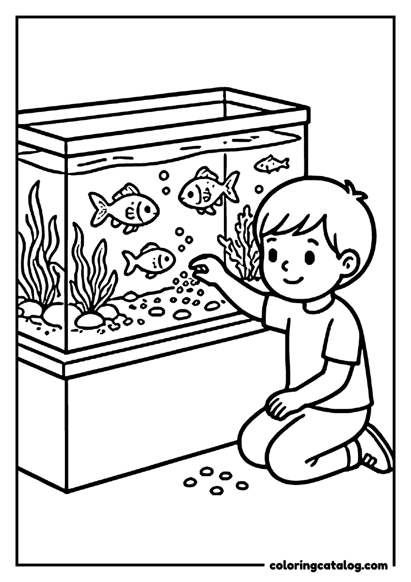Free School coloring sheet: A child feeding the goldfish in the classroom aquarium
