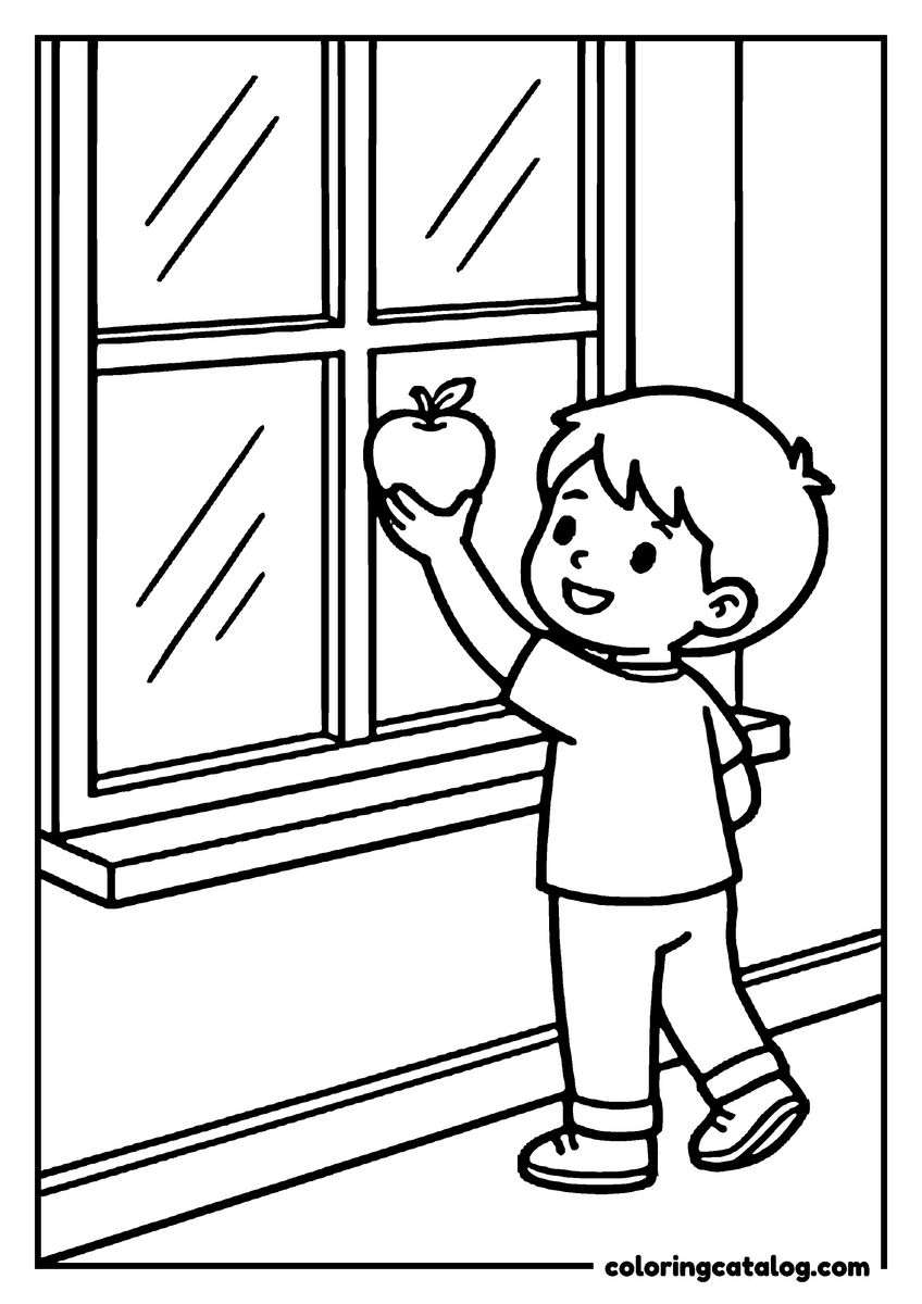 School coloring page: A smiling child holding up an apple by the classroom window