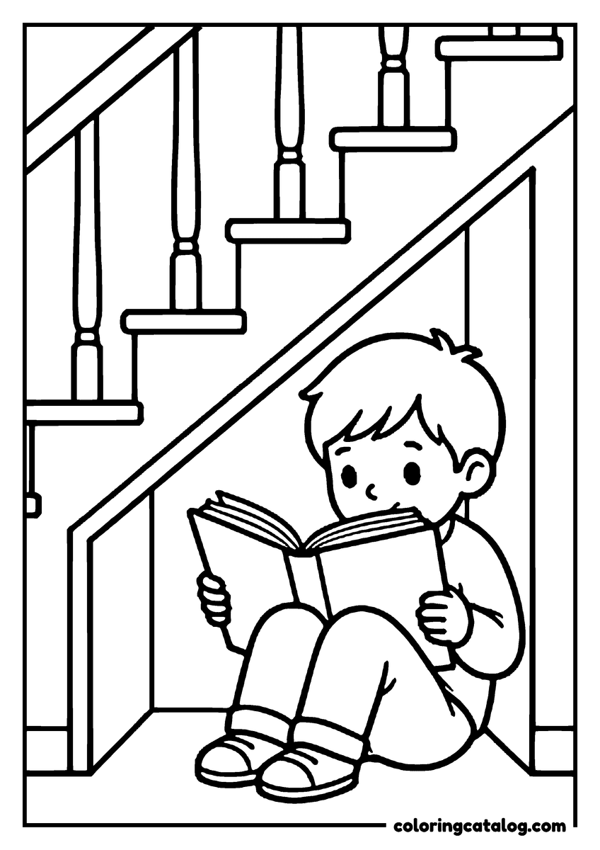 Free School coloring sheet: A child sitting under the stairs with knees tucked up, reading a book