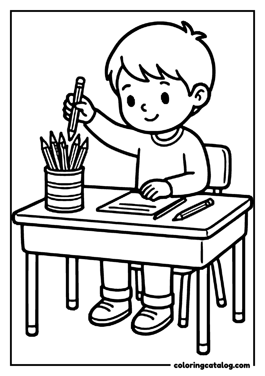 Printable coloring page: A child at a school desk putting colored pencils into a tin cup