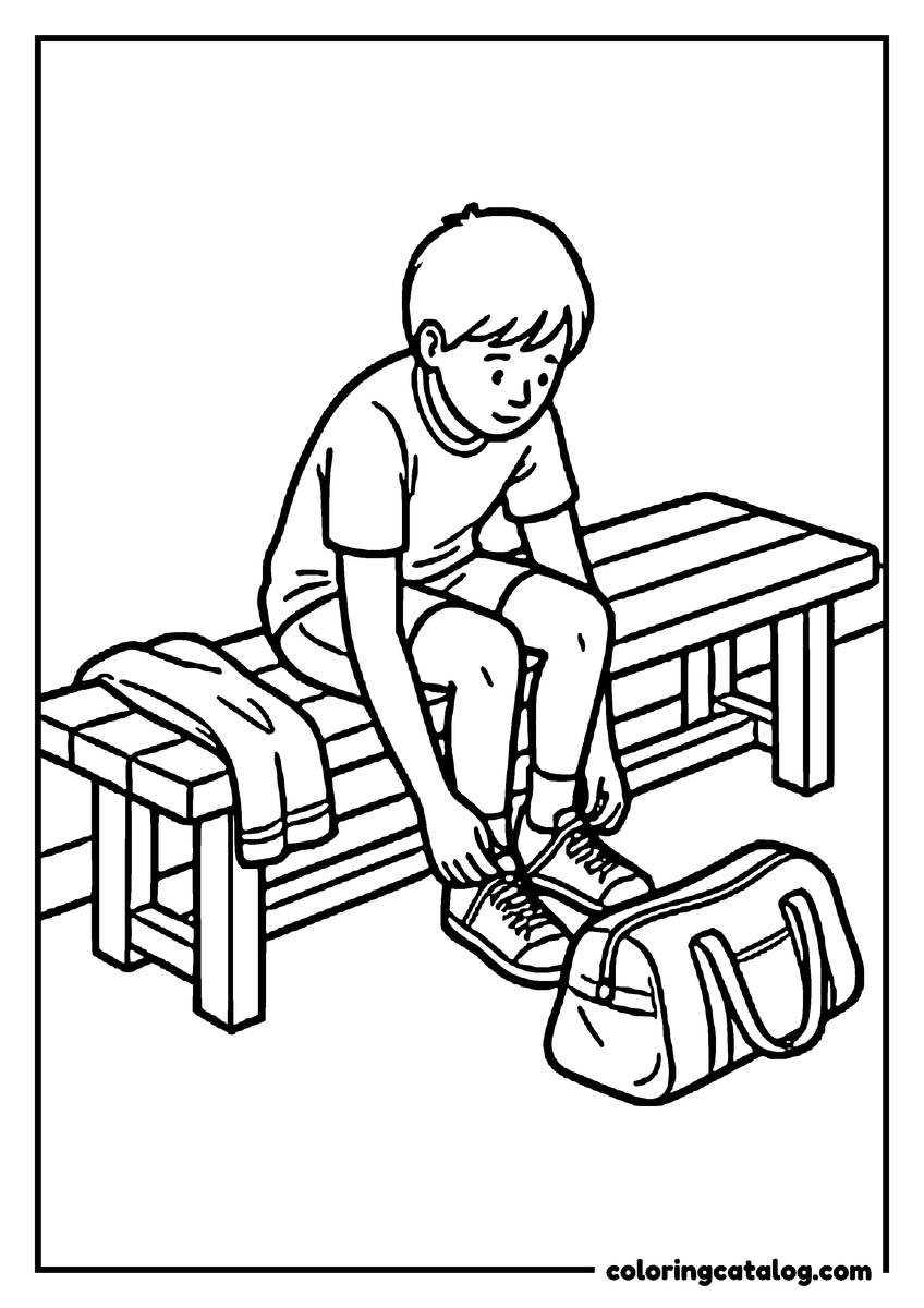 Free School coloring sheet: A child on a bench tying the laces of sneakers beside a gym bag