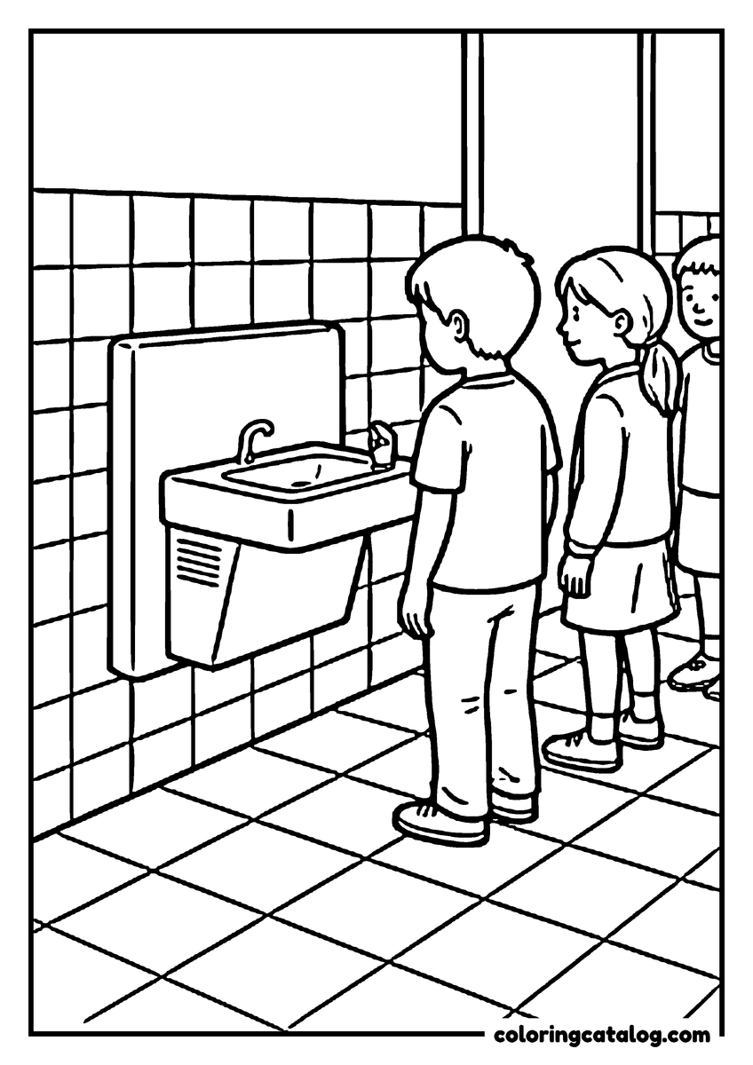 School coloring page: Children lining up to drink at a water fountain in a tiled hallway
