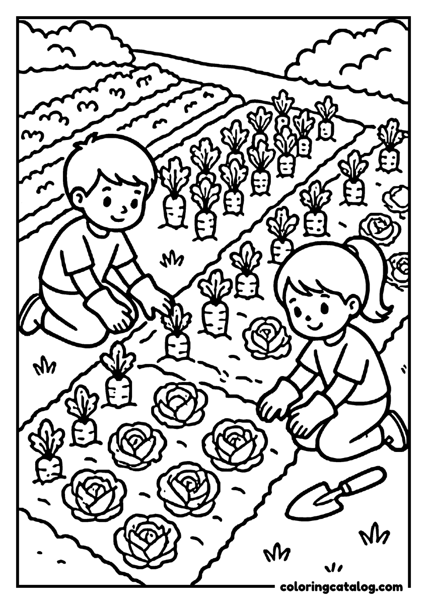 Free printable coloring sheet: Two children in gloves kneeling in the school garden among carrots and lettuces