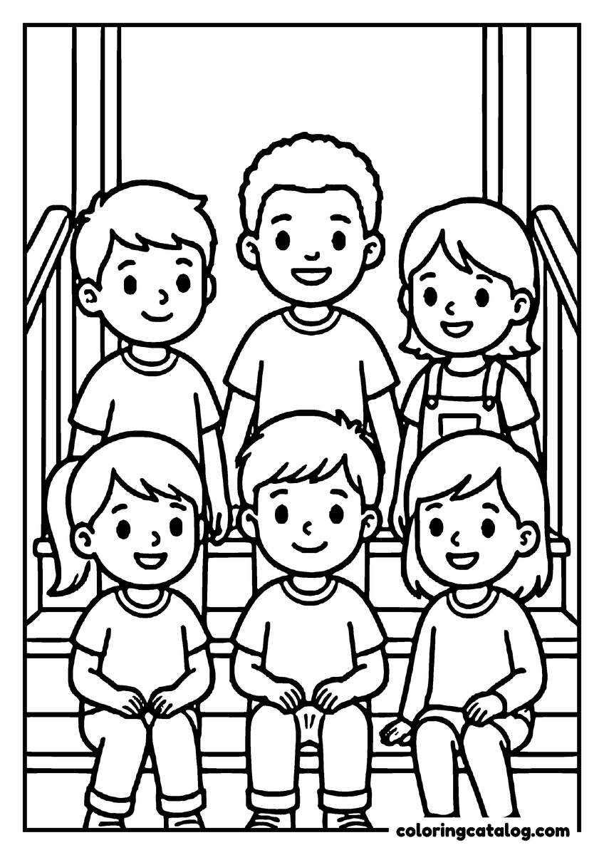 Free School coloring sheet: A class of children posing in two rows for the class photo