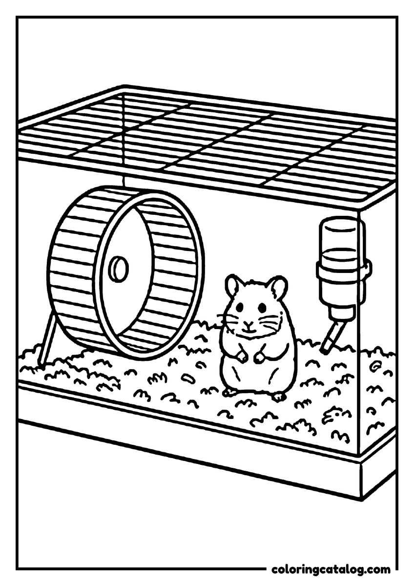 Printable School coloring page: The classroom hamster in its cage with an exercise wheel and a water bottle