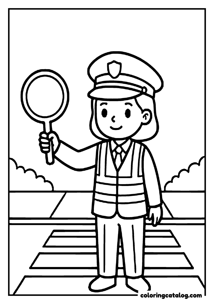 School coloring page: A crossing guard in a cap holding up a stop paddle at the crosswalk