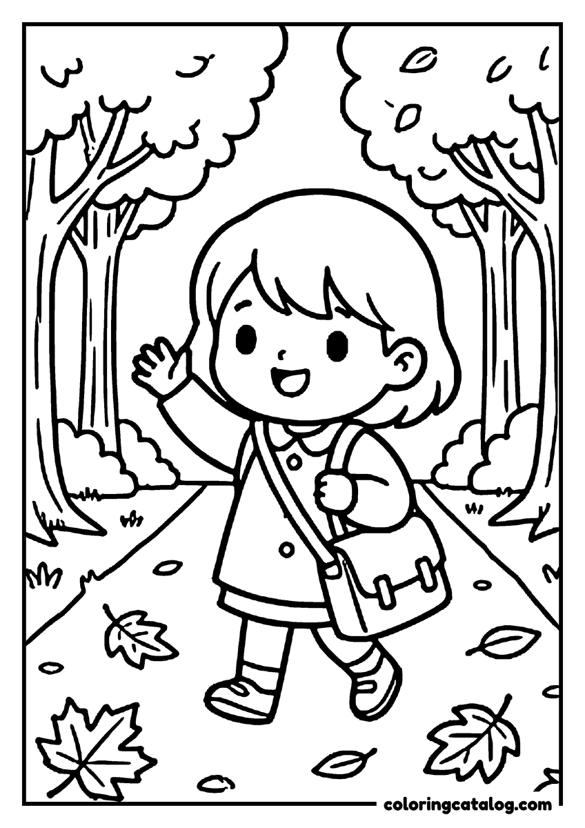 Coloring page: A girl with a satchel waving on an autumn path on the first day of school