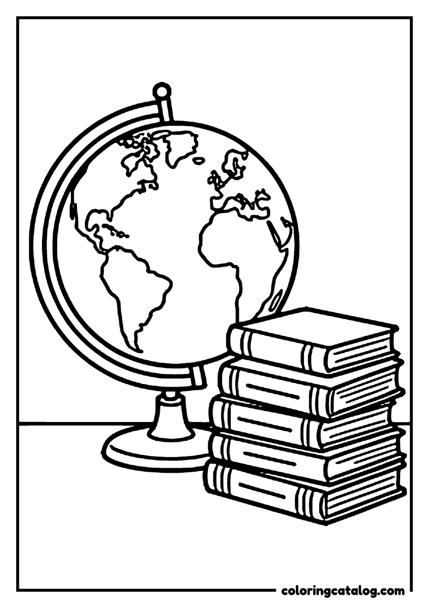 Coloring page: A globe on its stand beside a stack of school books