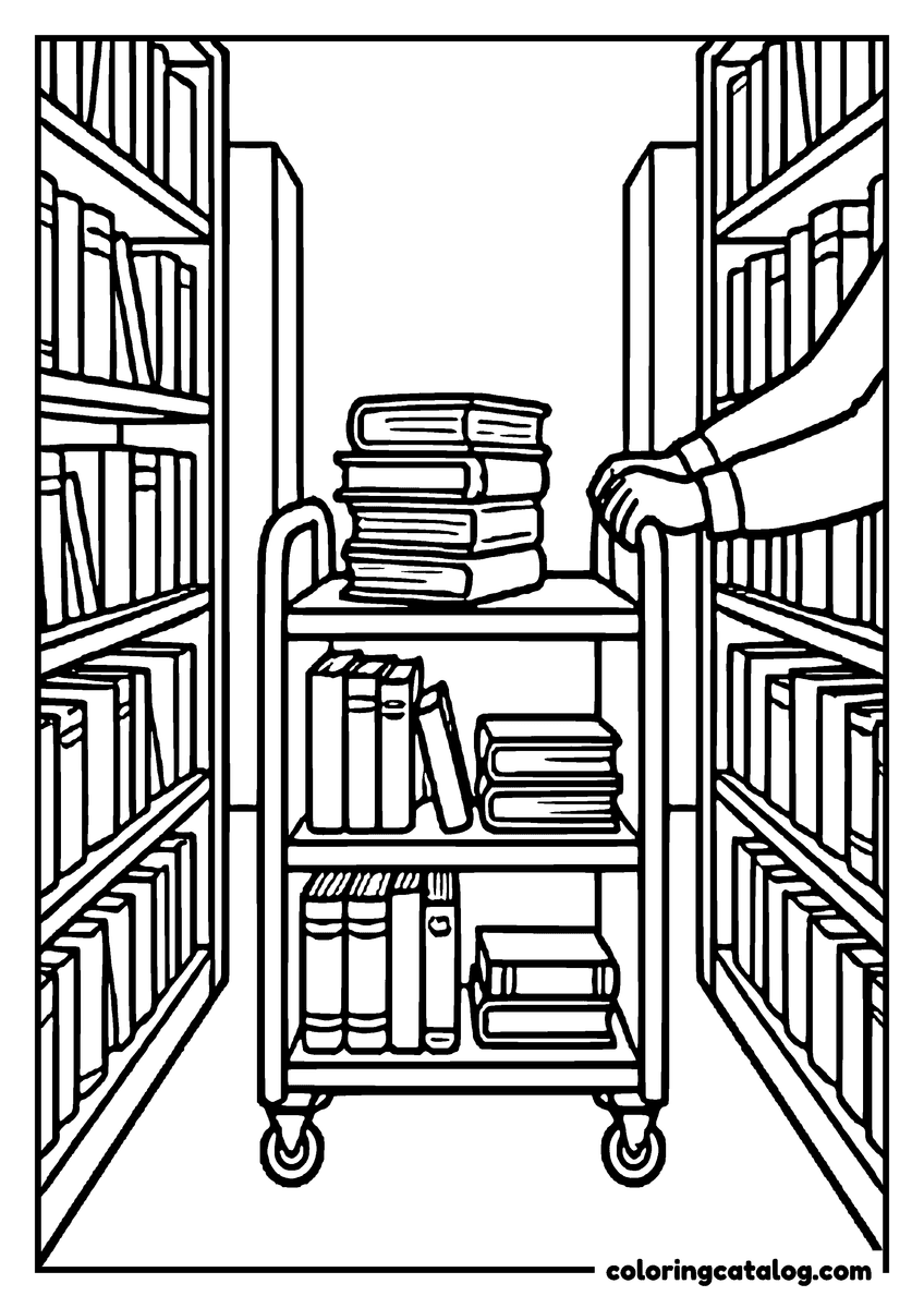 School coloring page: A library cart full of books being pushed between tall shelves
