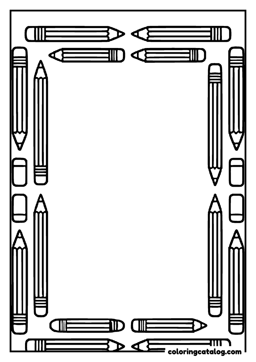 Free School coloring sheet: A frame of pencils and erasers around the edge of the page