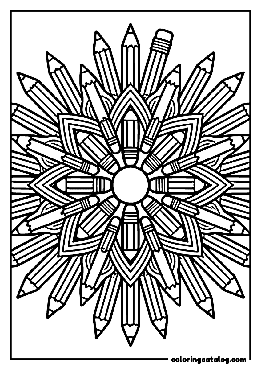 School coloring page: A mandala made of pencils arranged in rings around a circle