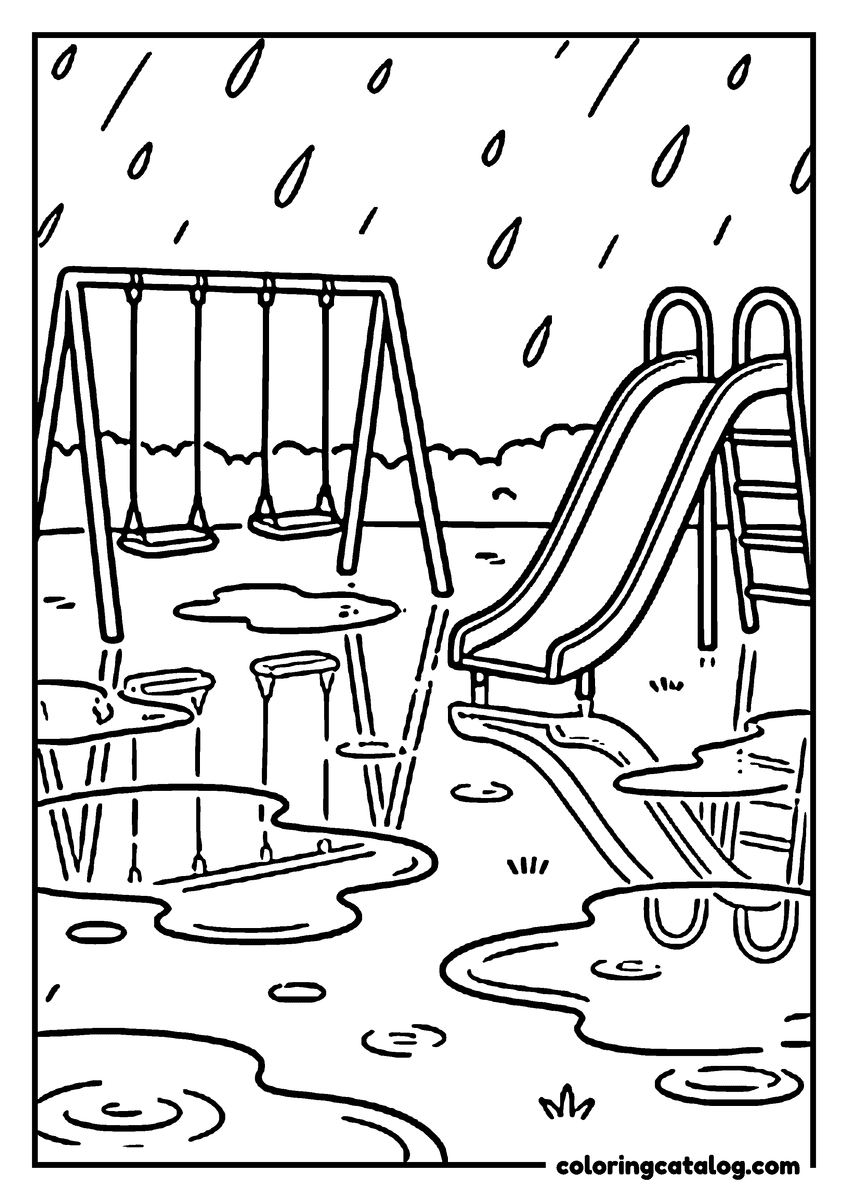 Free printable coloring sheet: A school playground in the rain, with puddles under the swings and the slide