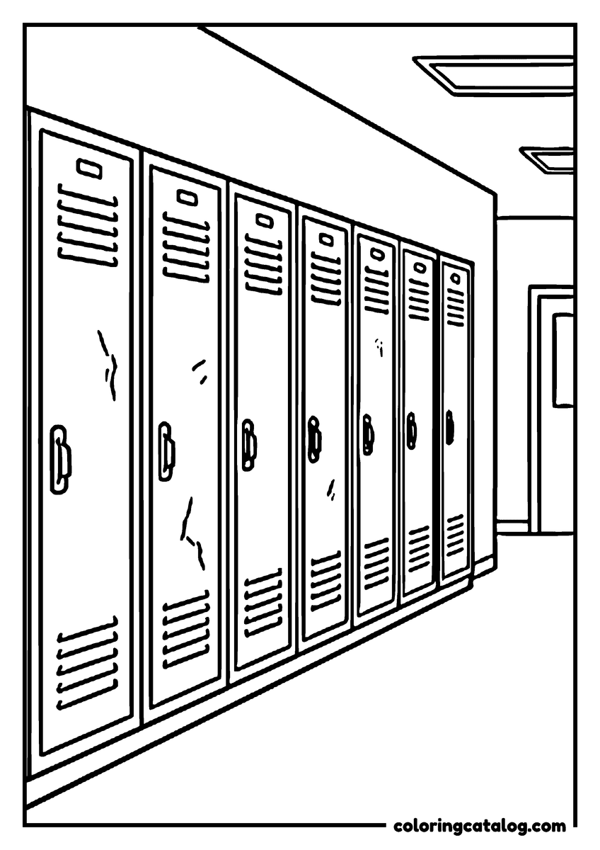 Printable coloring page: A row of tall lockers along an empty school corridor