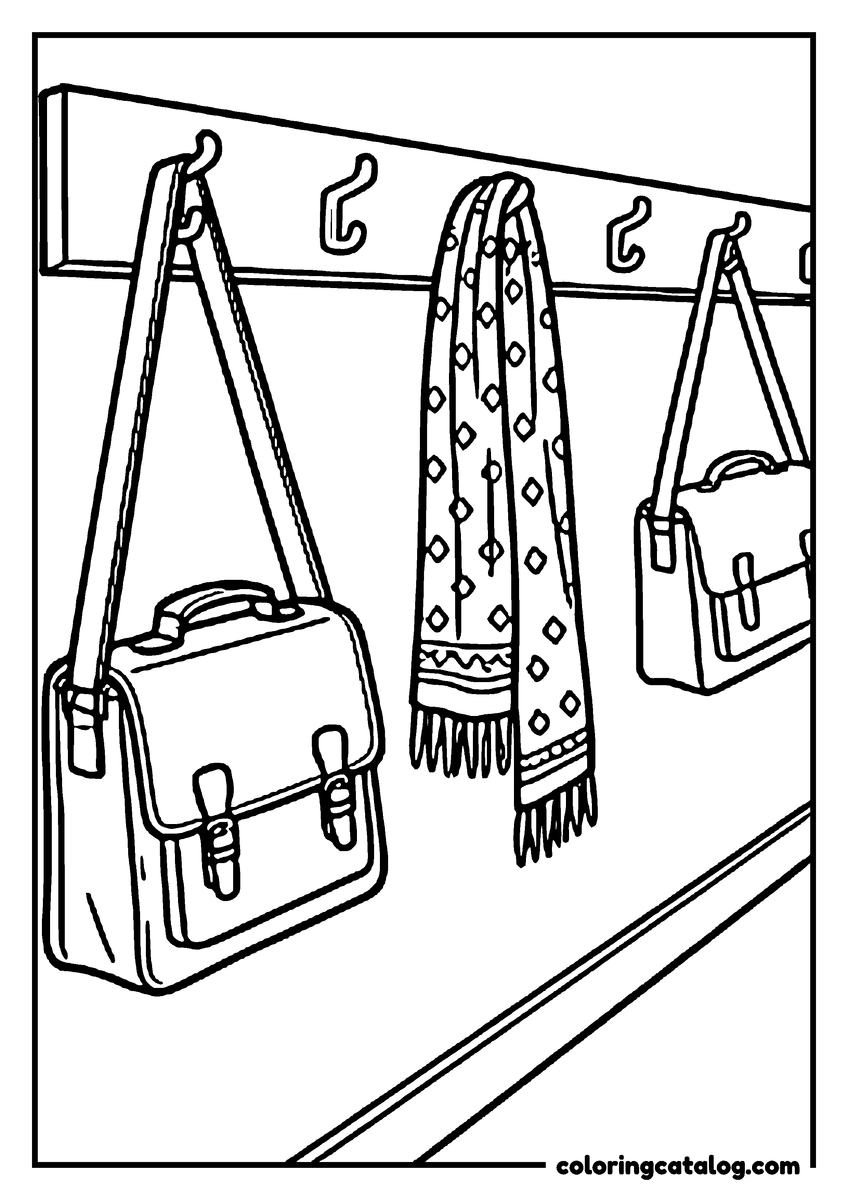 Free printable coloring sheet: School satchels and a patterned scarf hanging on coat hooks in the corridor