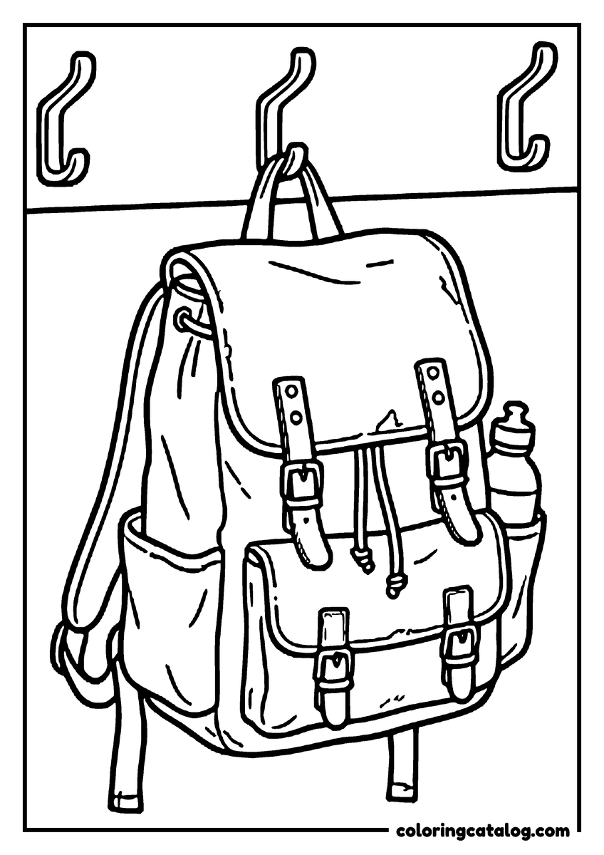 Printable coloring page: A school backpack with buckled straps and a water bottle hanging on a hook