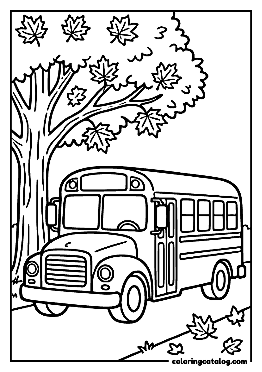 Free printable coloring sheet: A school bus parked under a maple tree with falling leaves
