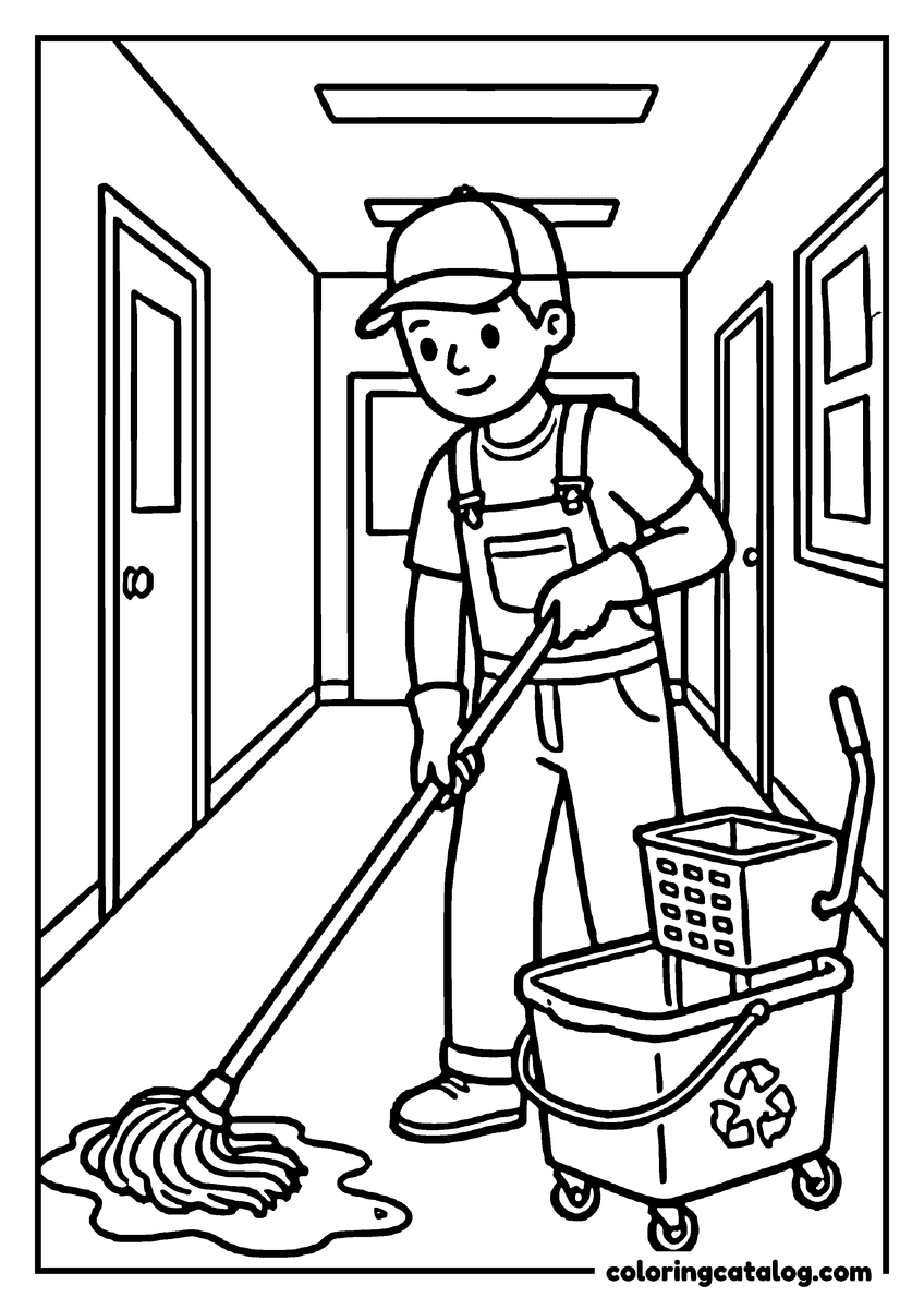 Printable coloring page: A school janitor mopping the hallway floor with a bucket on wheels