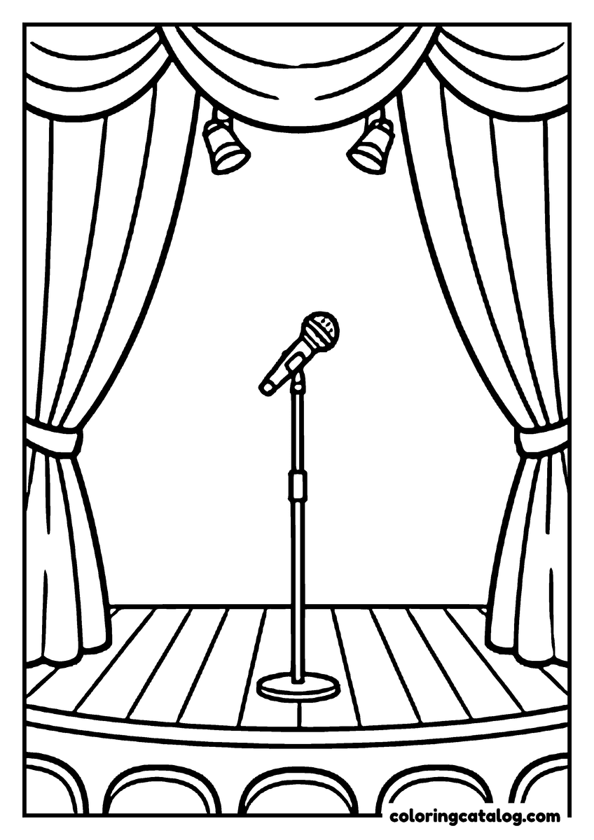 Printable coloring page: A school stage with a microphone stand and the curtains drawn back