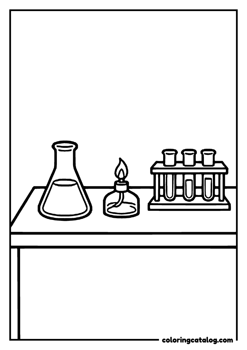 Free School coloring sheet: A science bench with a flask, a small burner and a rack of test tubes