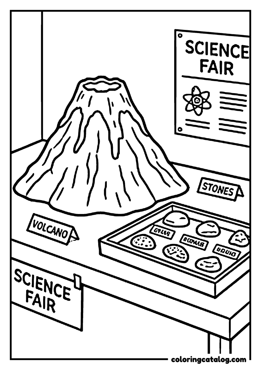 School coloring page: A science fair table with a model volcano and a tray of stones under a SCIENCE FAIR poster